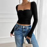 Elegant Slim-fit Pleated Knitted Long-sleeved Top T-shirt