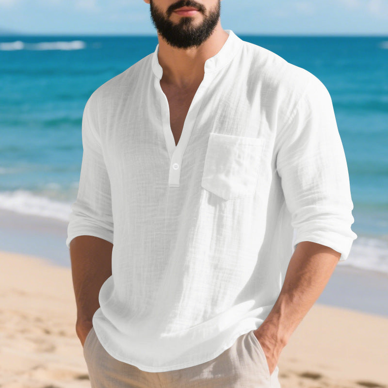Men's white linen long-sleeve henley shirt, front view with chest pocket
