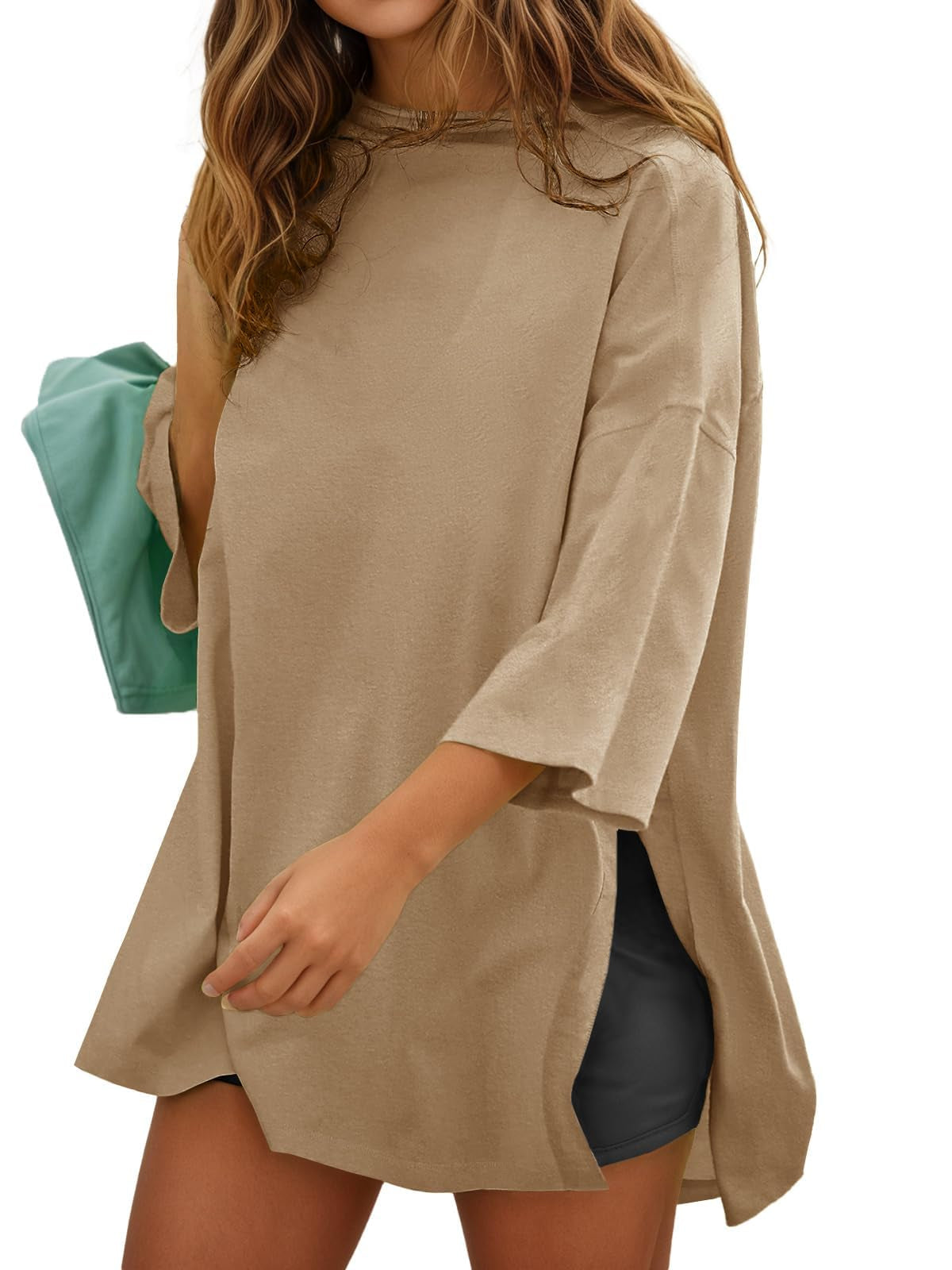 Women's oversized long-sleeve t-shirt with curved hem and relaxed fit, apricot.