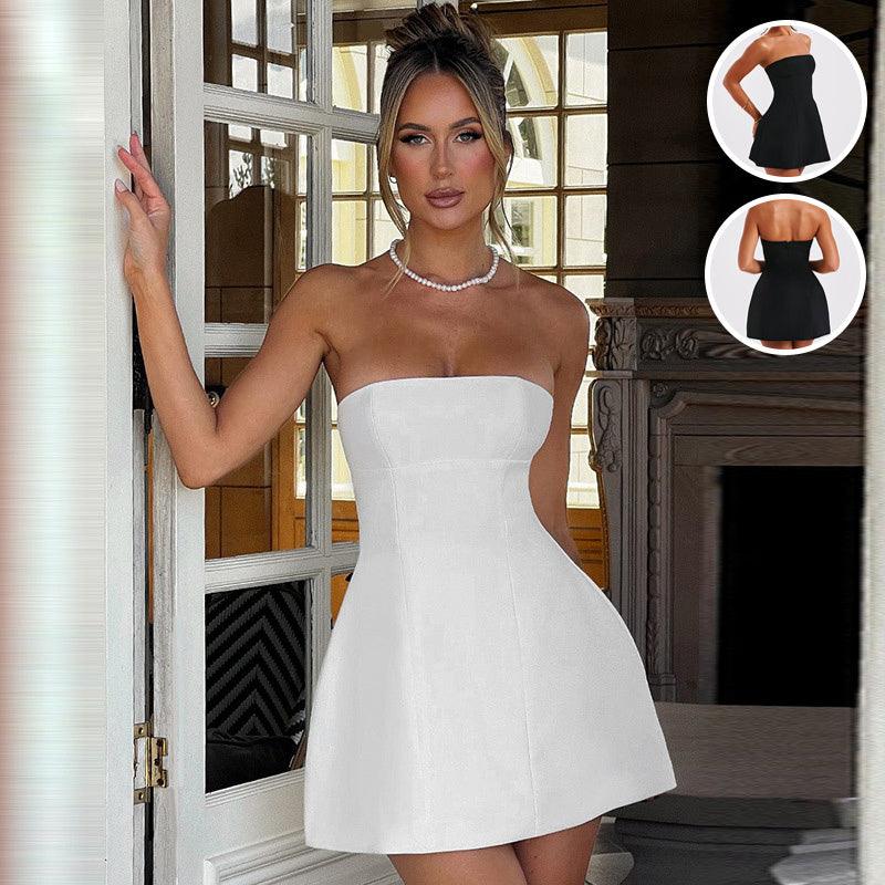 White strapless tube mini dress with straight neckline and flared skirt