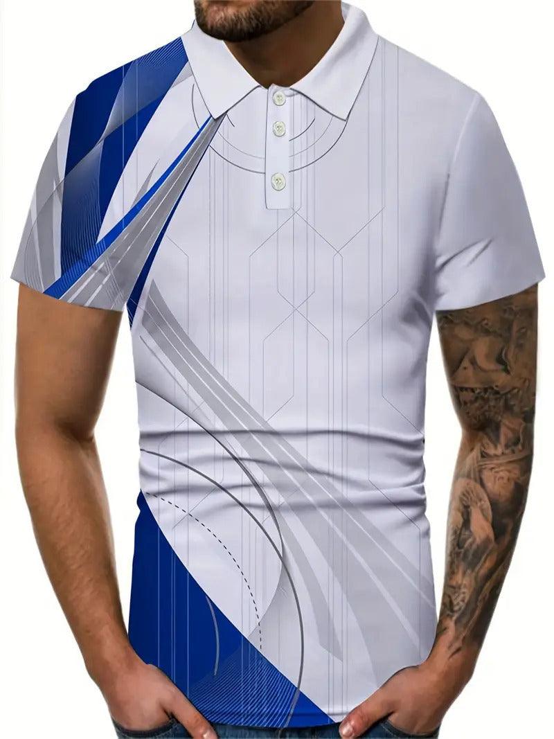 Men's short-sleeve polo shirt in light gray with blue diagonal stripe and white shapes