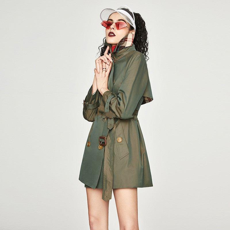 Women's mid-length trench coat in olive green with belted waist and gold-tone buttons.