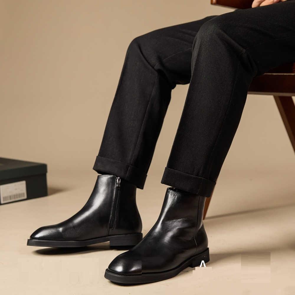 Men's black leather lace-up high-top boots with square toe and thick sole.