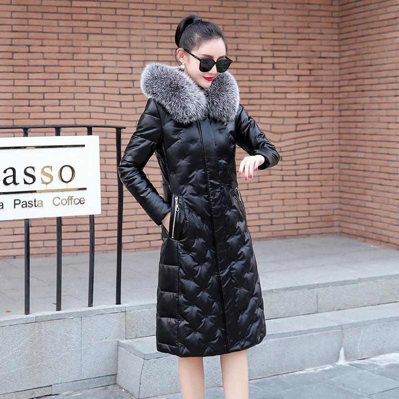 Down Jacket Mid-length Hooded Women's Leather Jacket - WOMONA.COM