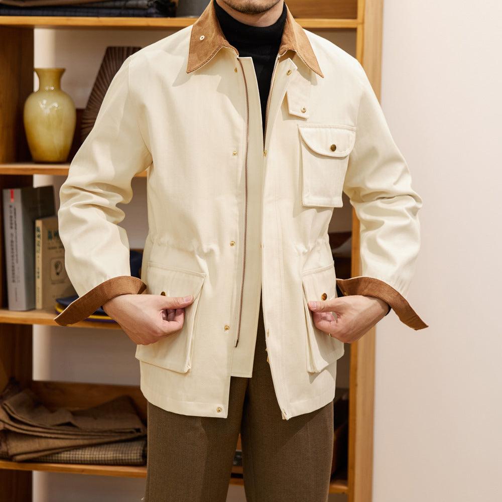 Men's thick trench coat in light apricot with brown collar, buttoned flap pockets
