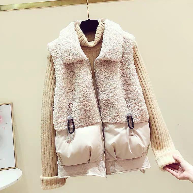 Beige sherpa vest with stand collar, full zip, front pockets, buckled strap details