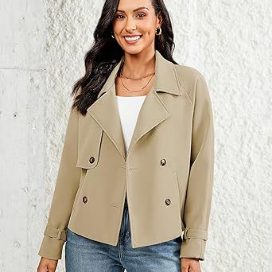 Women's khaki short double-breasted trench jacket