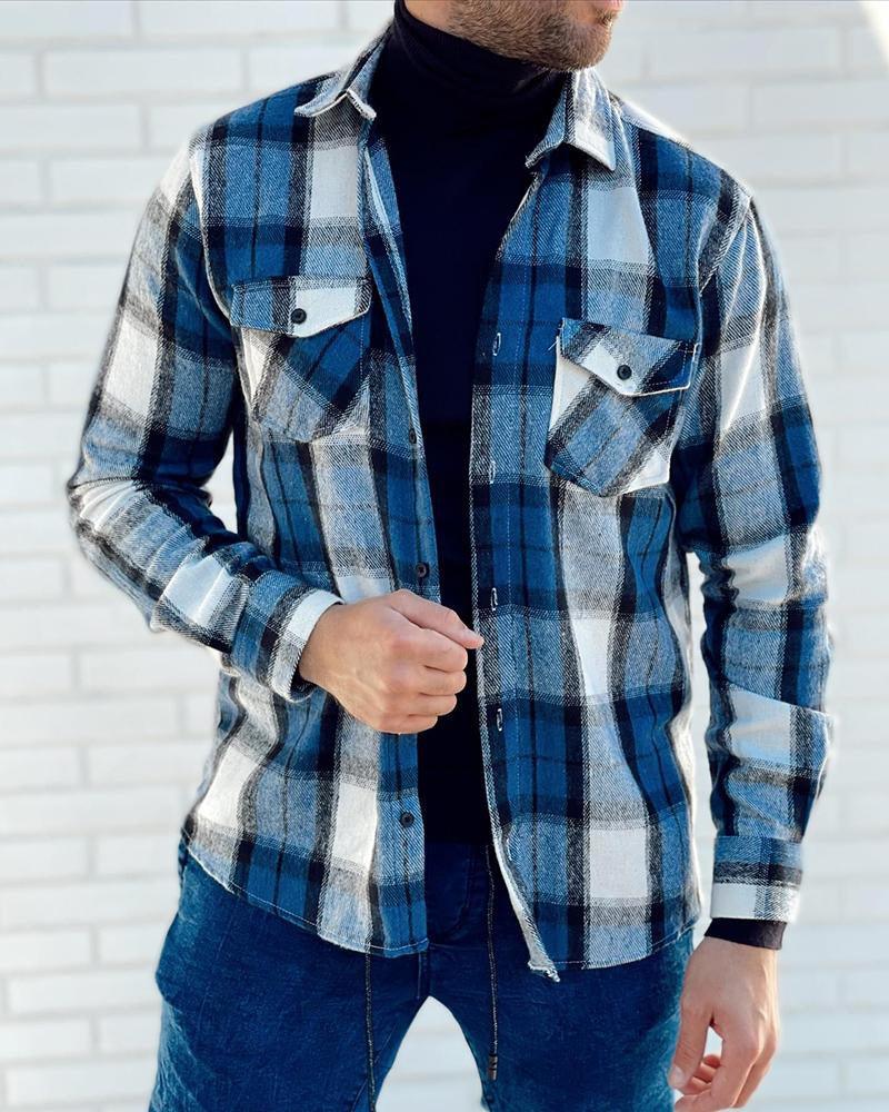 Men's button-up plaid jacket in blue with flap chest pockets