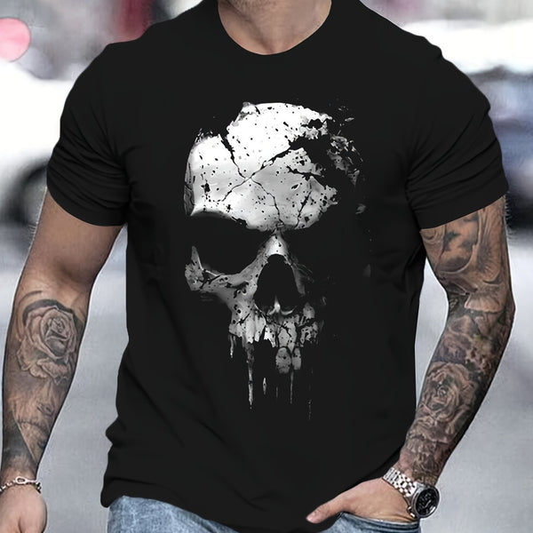 Una camiseta novedosa y moderna para que los hombres la usen al aire libre en verano, con un patrón de calavera destrozada digital en 3D y una camiseta de manga corta con cuello redondo