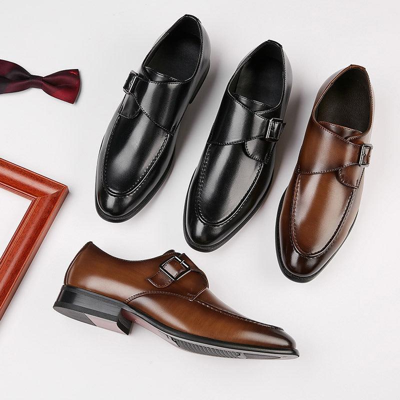Men's buckle dress shoes in black and brown, polished leather uppers