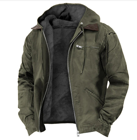Men's long hooded zip-up pocket coat