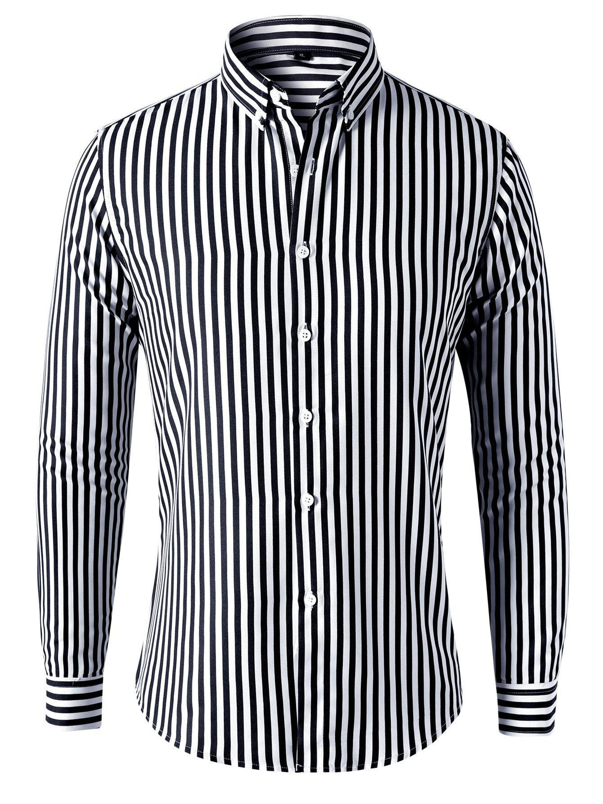Men's striped long-sleeve button-up shirt, black with thin white vertical stripes