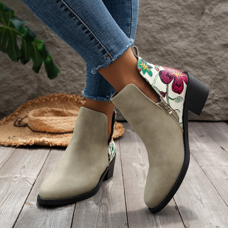 Flowers Printed Ankle Boots Fashion Side Zipper V- - WOMONA.COM