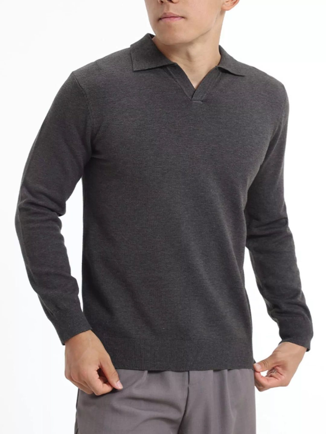 Men's Plus Size Long-Sleeve Polo Collar Knit Top