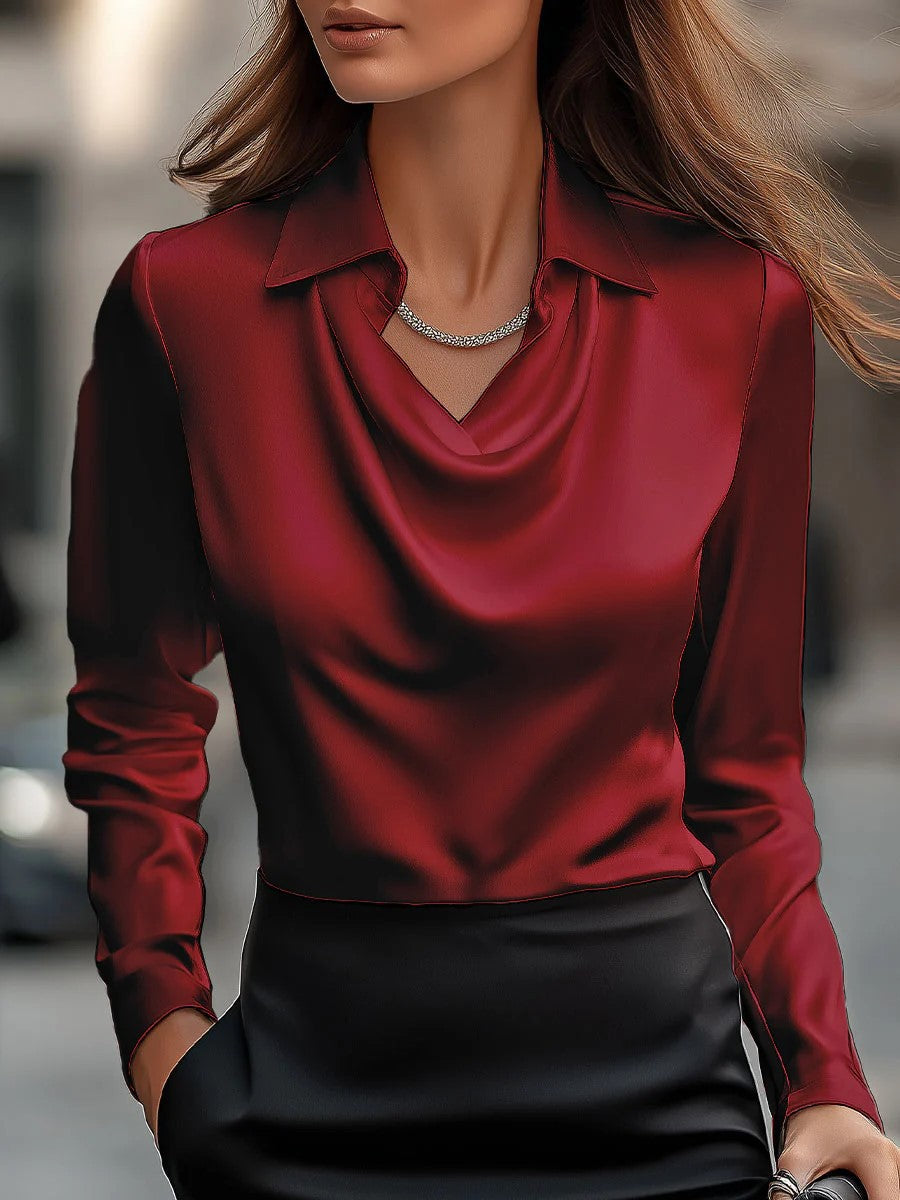 Women's solid-color collared long-sleeve shirt