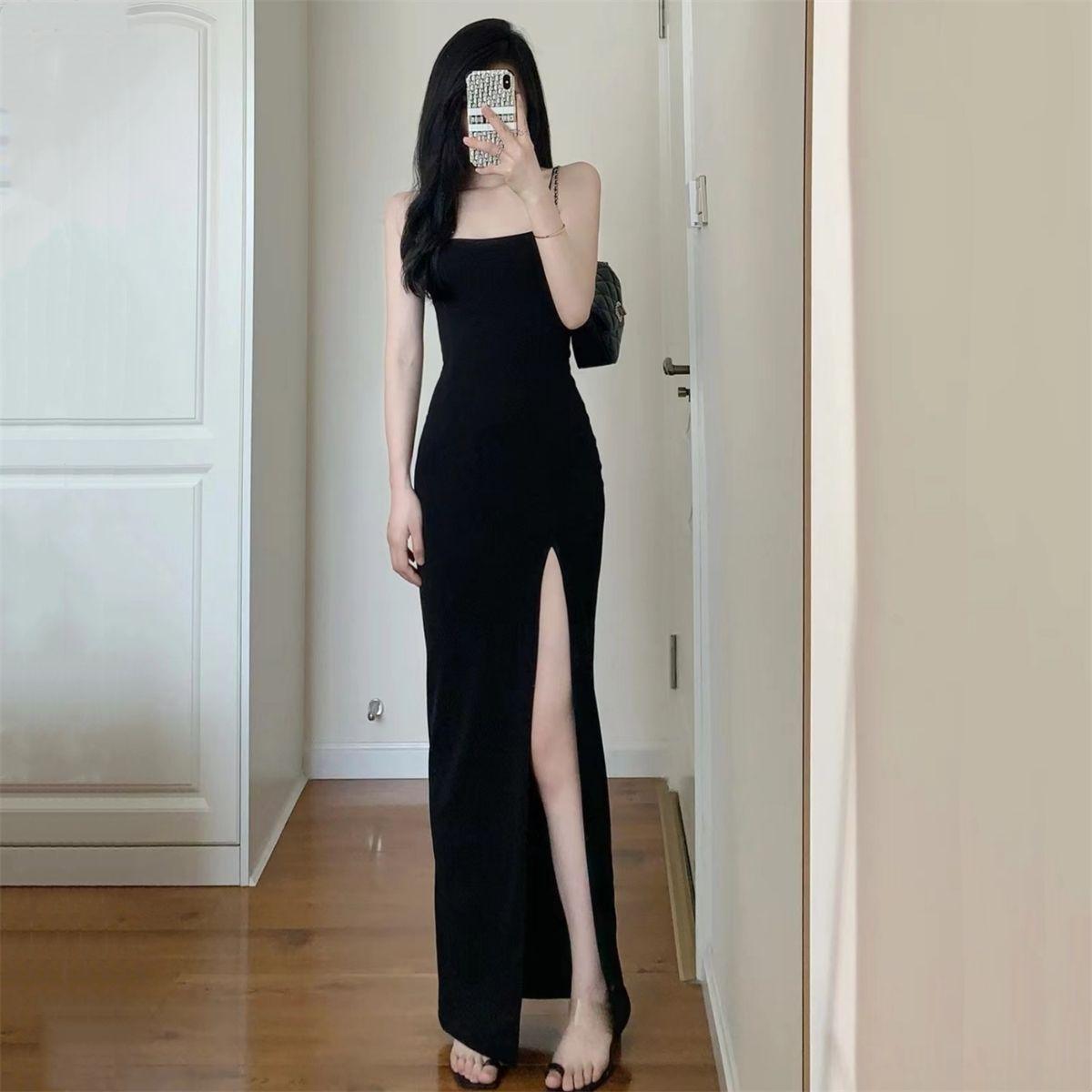 Adult Lady Like Woman Black Slit Hip Dress - WOMONA.COM