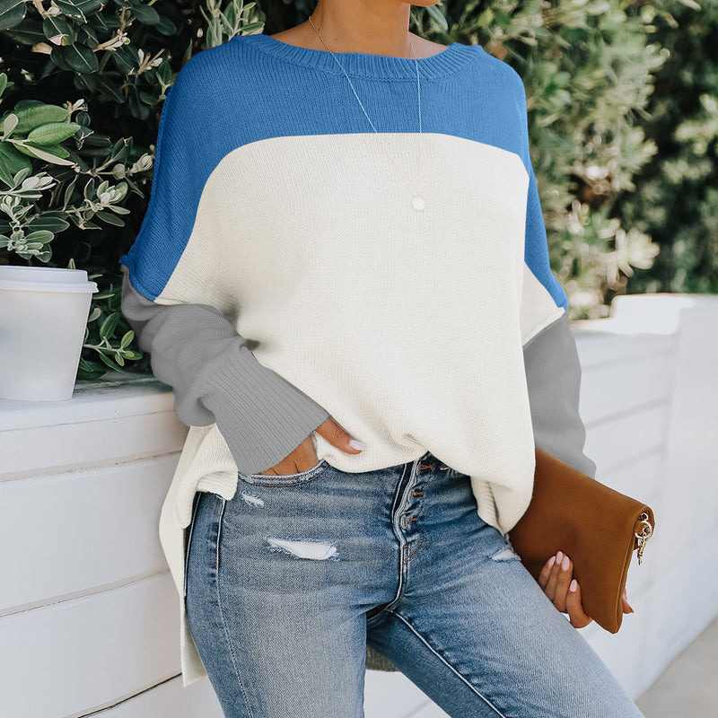 Women's Sweaters Off-shoulder Contrast Color Loose - WOMONA.COM