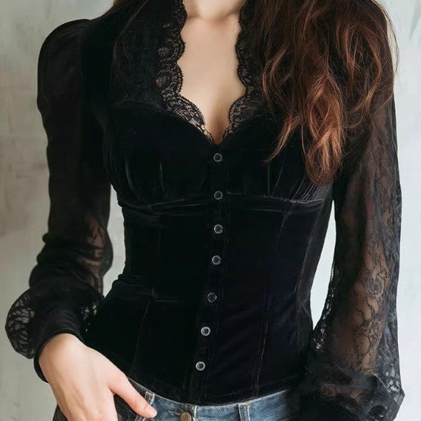 Black velvet and lace patchwork button-up top with scalloped V-neck
