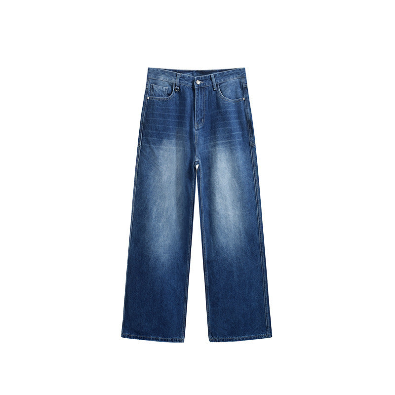 Men's Washed Blue 3D Cut Wide Leg Jeans - WOMONA.COM