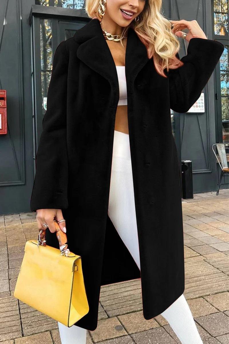 Black plush long coat with turn-down collar, open front, and side pockets