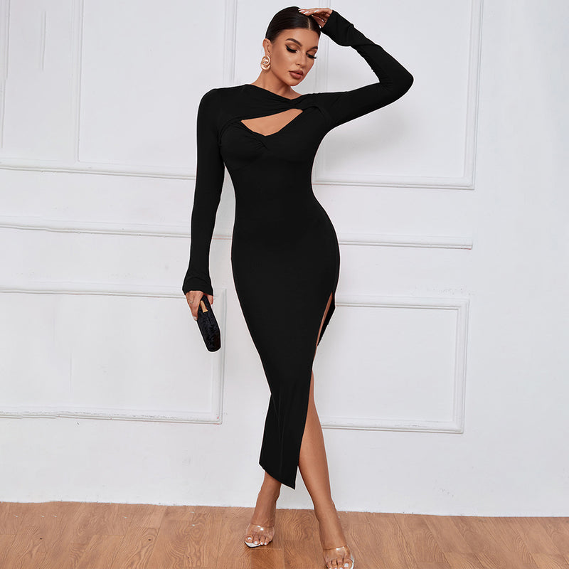 Skirt Sexy Slit Long Sleeve Dress - WOMONA.COM