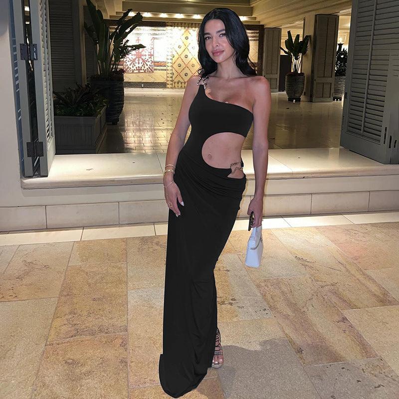 One-shoulder split hip dress in black, side slit with midriff cutout