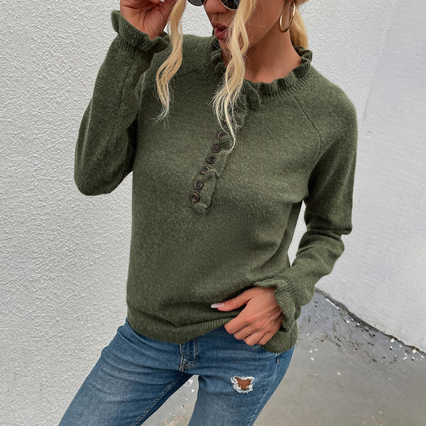 Women's Acrylic Wooden Ear Button Sweater - WOMONA.COM