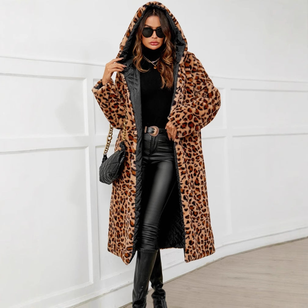 Leopard print faux fur long coat with hood, open front and draped sleeves