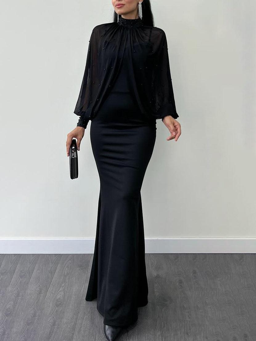 Halter Neck Mesh Beaded Suspender Dress Two-piece Set - WOMONA.COM