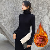 Fleece-lined Knitting Dress Turtleneck Slim Fit Long Dress - WOMONA.COM