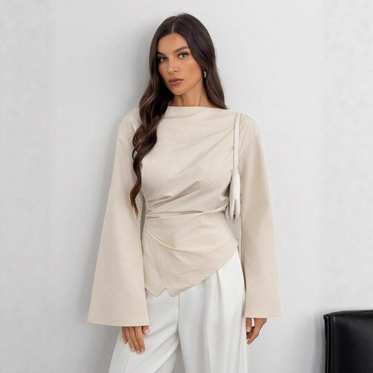 Women's Relaxed Pleated Long Sleeve T-Shirt in Apricot