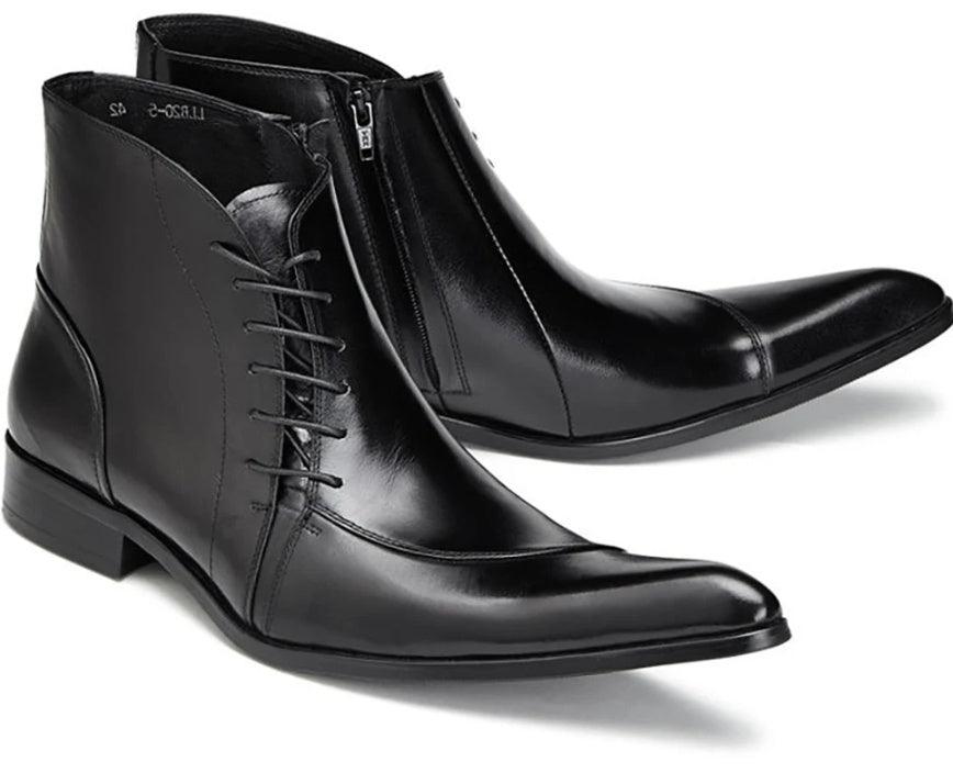Black leather pointed-toe ankle boots with lace-up front and side zipper, pair view