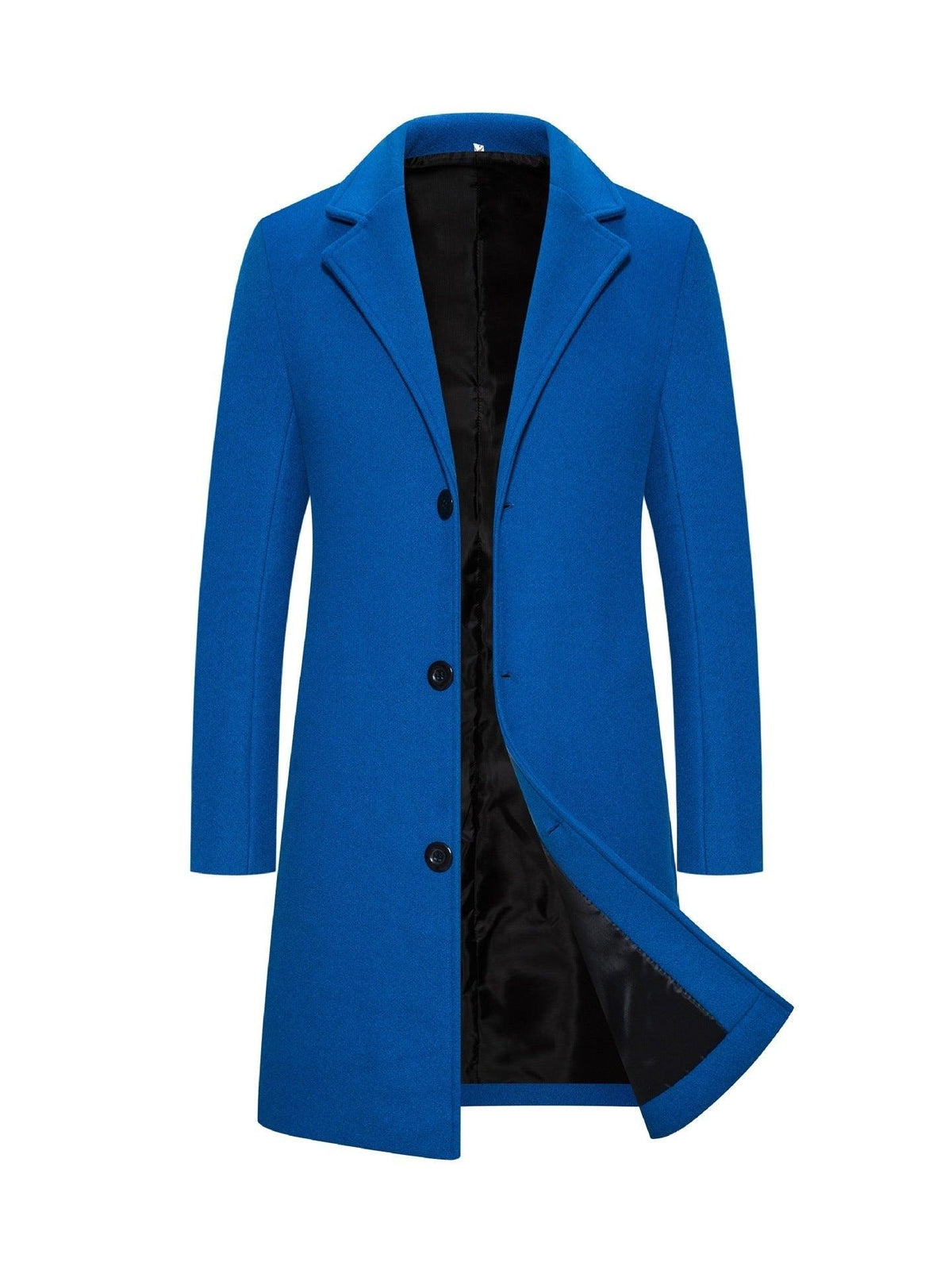 Men's mid-length slim-fit coat, sapphire blue with notched lapels and button front