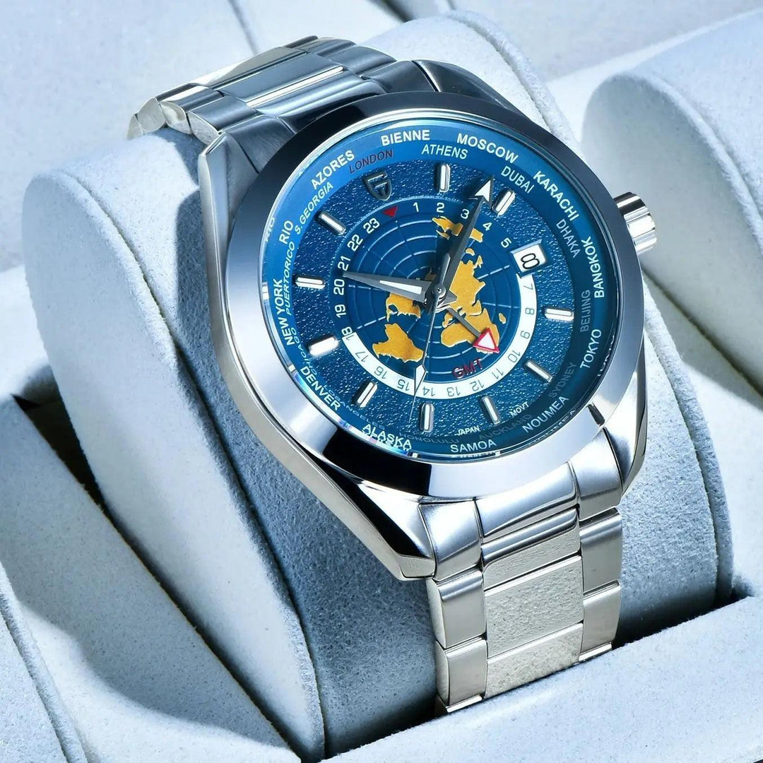 Dual time zone waterproof watch, blue world-map dial, silver metal bracelet