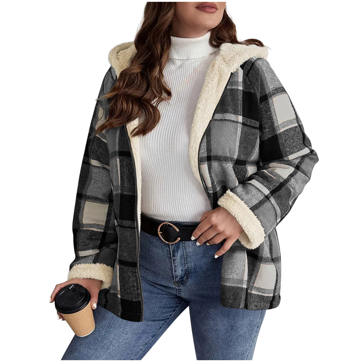 Gray and black plaid hooded coat with sherpa lining and button-front closure