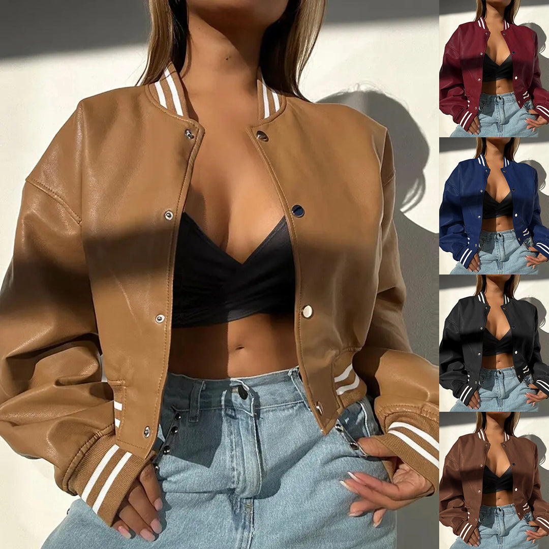 Tan PU leather motorcycle jacket with snap front and striped ribbed cuffs