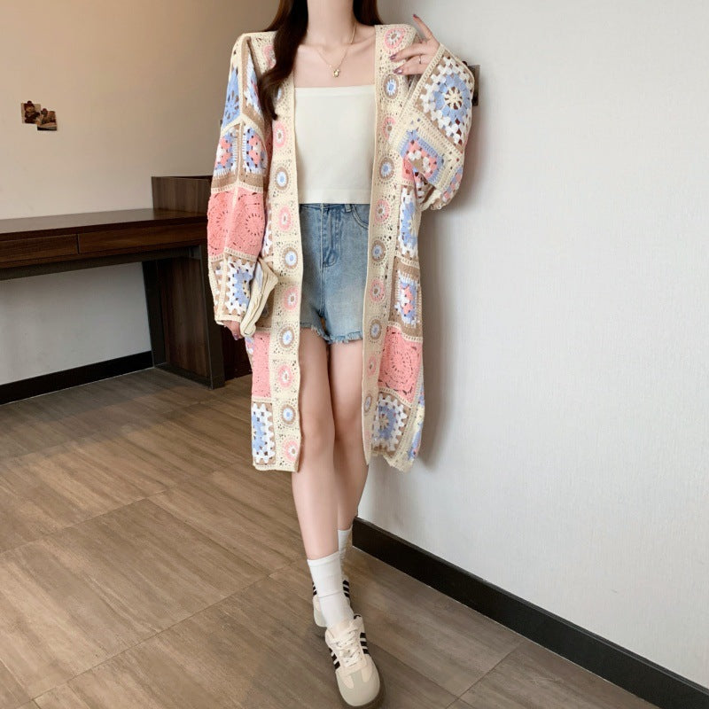 Long crocheted patchwork cardigan/coat with circular motifs, pastel yellow and pink sections