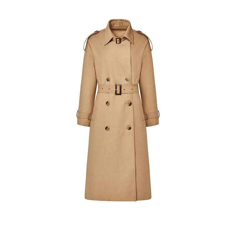 Tan women's trench coat with stand collar, double-breasted buttons, and waist belt