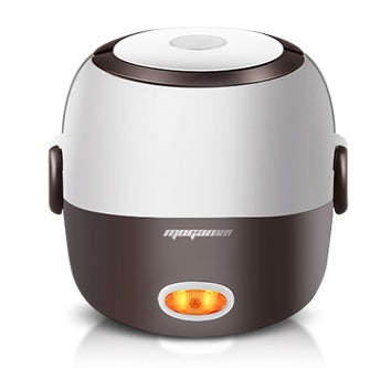 Rice cooker with white top, dark base, side handles, and orange indicator light