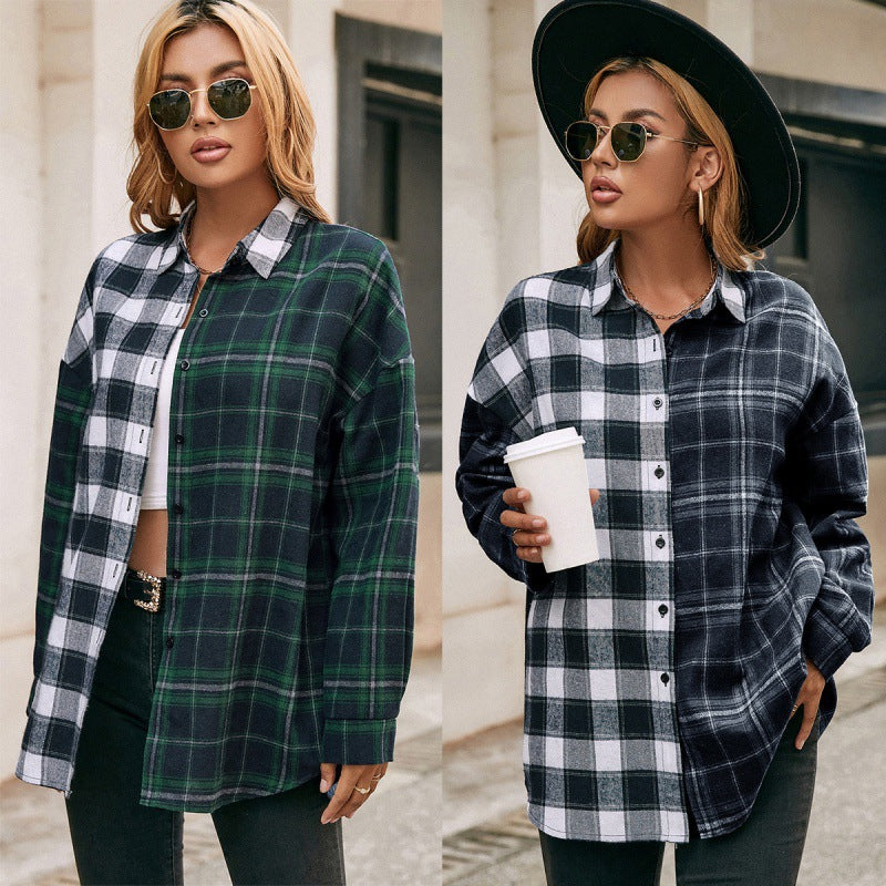 Women's loose plaid lapel button-up shirt