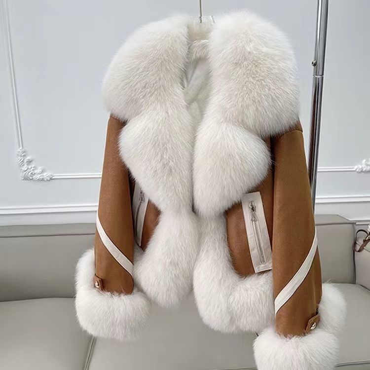 Women’s camel cotton coat with thick white faux fur front, collar, and cuffs, zip front