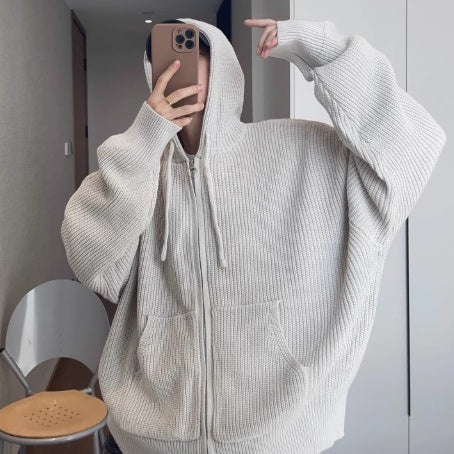 Men's Light Gray Ribbed Hooded Zip Cardigan, Light Gray - product view 1