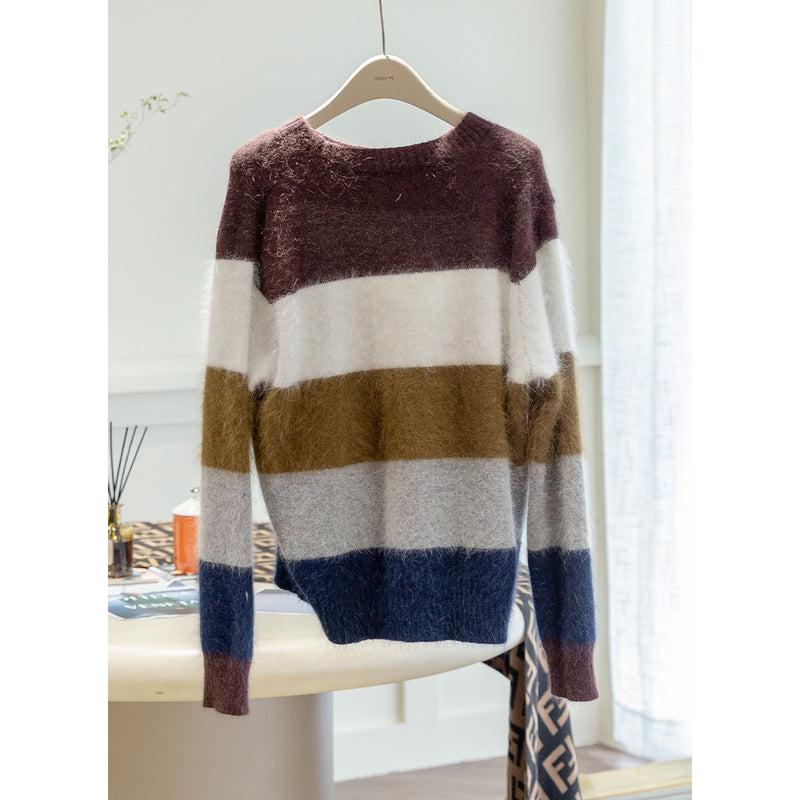 Loose Round Neck Contrast Large Striped Sweater - WOMONA.COM