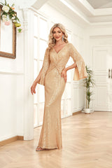 Gold Sequin Slim Fishtail Bridesmaid Banquet Evening Dress - WOMONA.COM