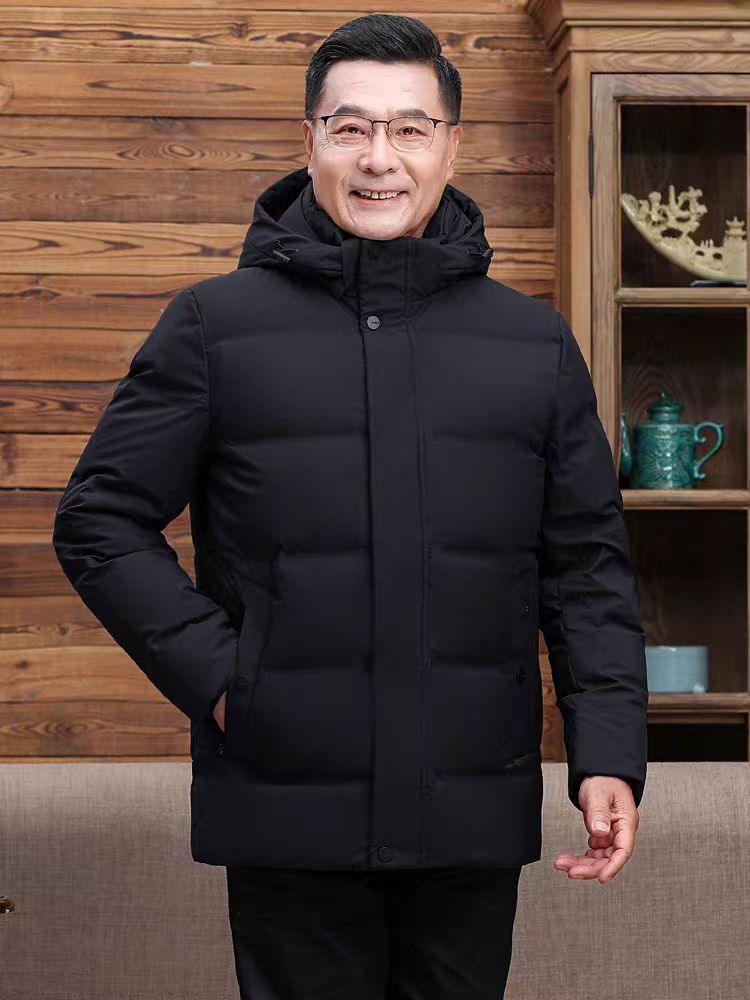 Men’s black hooded puffer down jacket with zip front, insulated design, front pockets