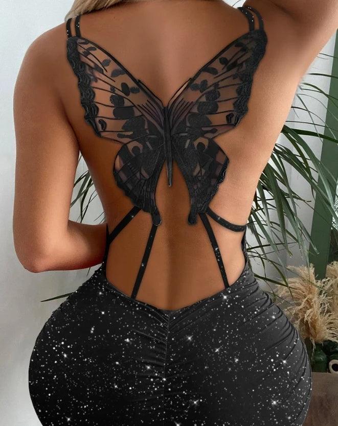 Black butterfly hollow-out mini dress back with lace mesh and crisscross straps