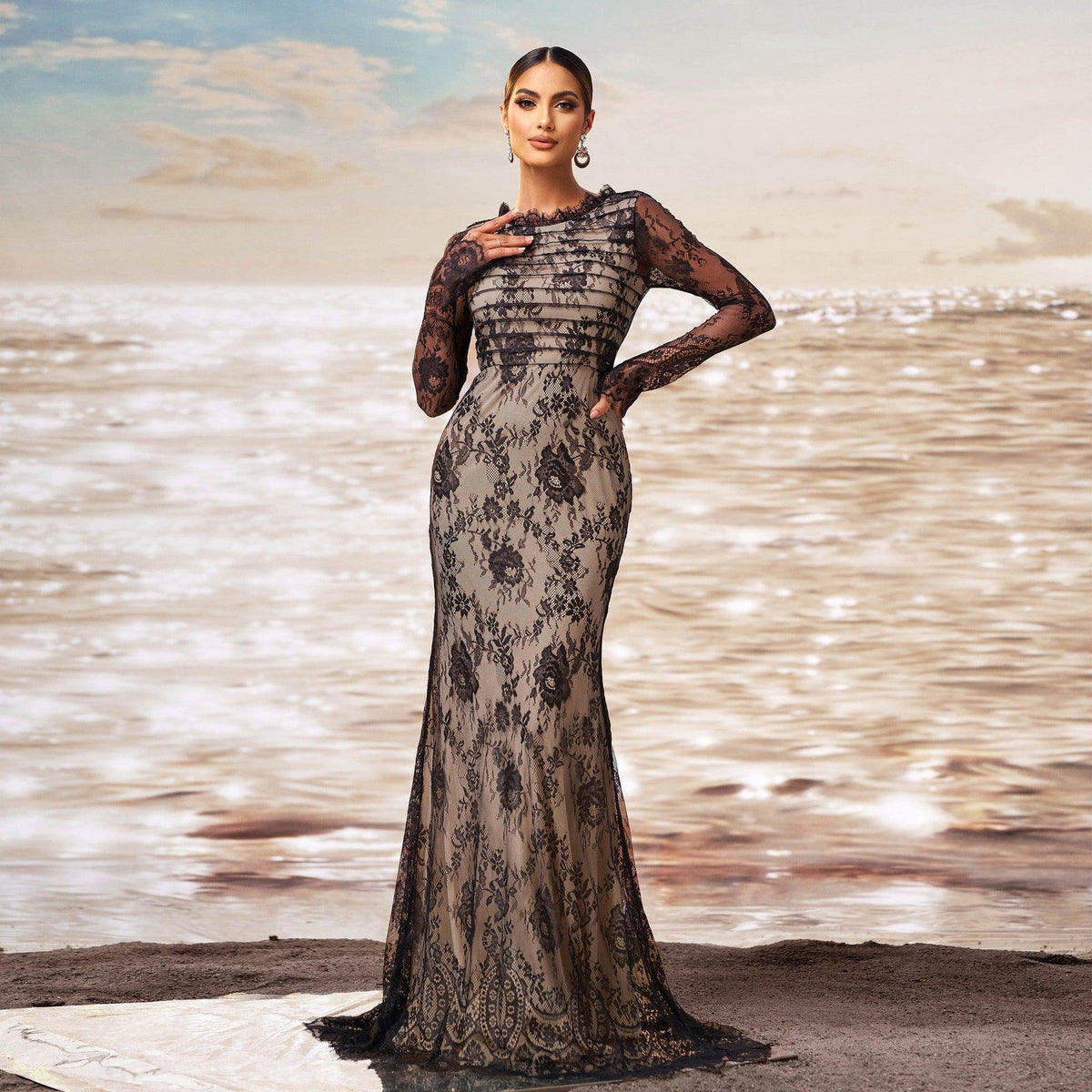 Black lace fishtail evening dress with high collar and long sleeves, bodycon sheath fit
