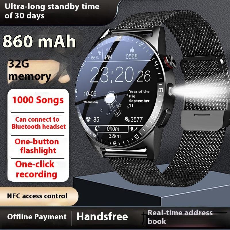 Black smartwatch with dark mesh metal strap, round touchscreen display
