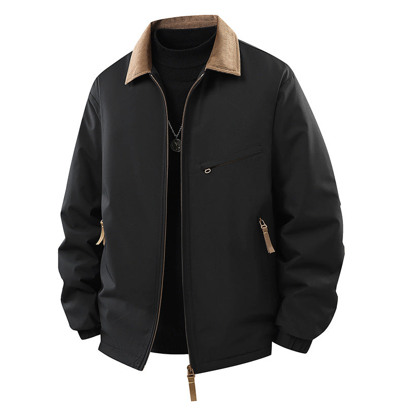 Mens waterproof padded lapel coat, black with tan collar, full zip front, side pockets