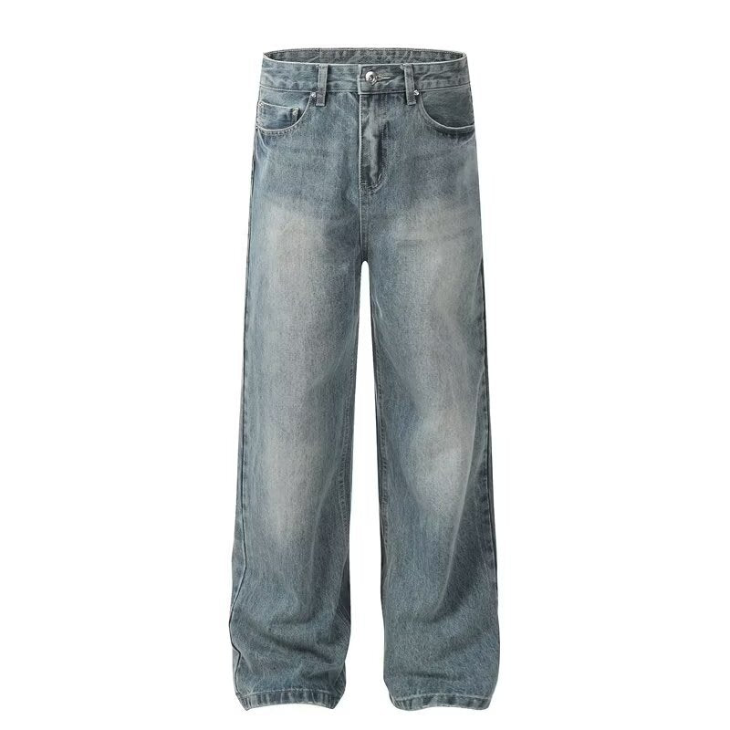 Light blue straight-leg denim trousers with button front, belt loops, and two front pockets